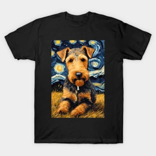 Airedale Terrier Dog Breed Painting in a Van Gogh Starry Night Art Style T-Shirt